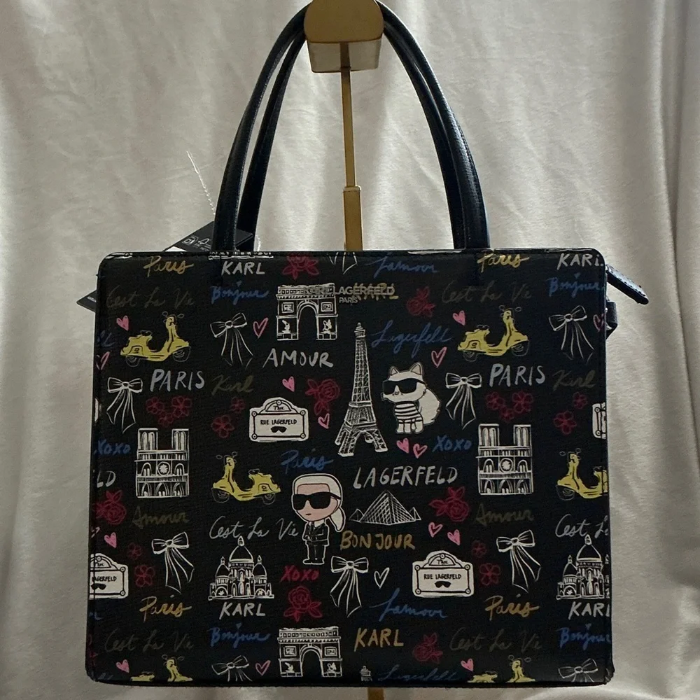 Karl Lagerfeld Black Paris Print Satchel with Multicolor Motifs
